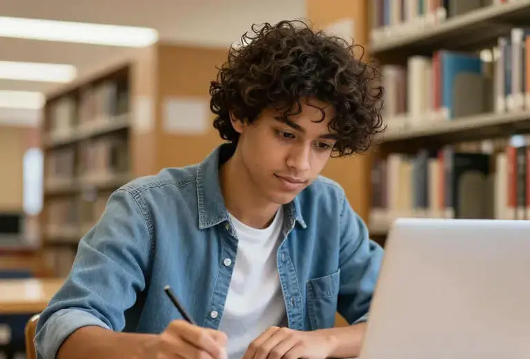 Estudiante universitario escribiendo ensayo académico en biblioteca